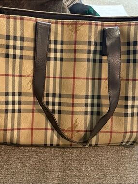 Authentic Burberry Beige Plaid Tote with Brown Leather Handles